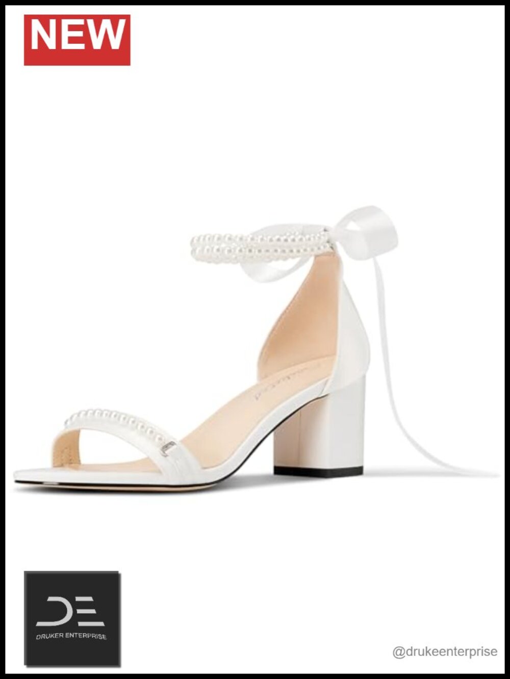 Chunky Block Heel Open Toe Sandals with Pearls Lace-up Bridal Wedding Shoes